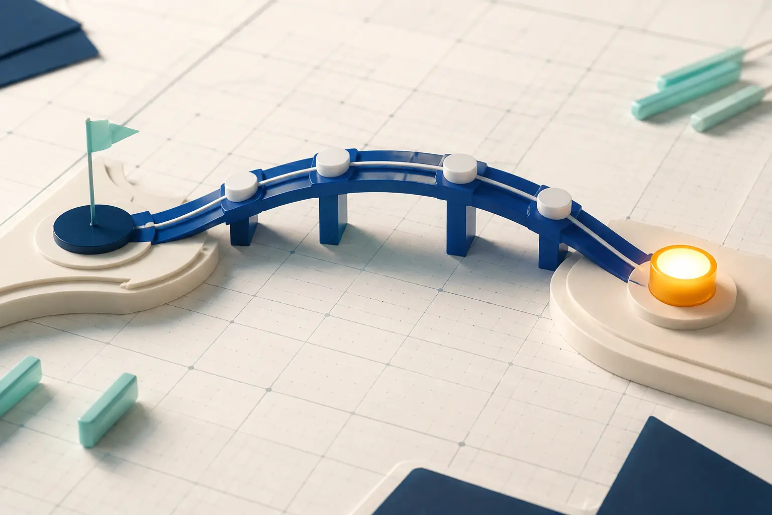 A miniature cobalt bridge connecting ivory platforms through four checkpoints to an amber destination