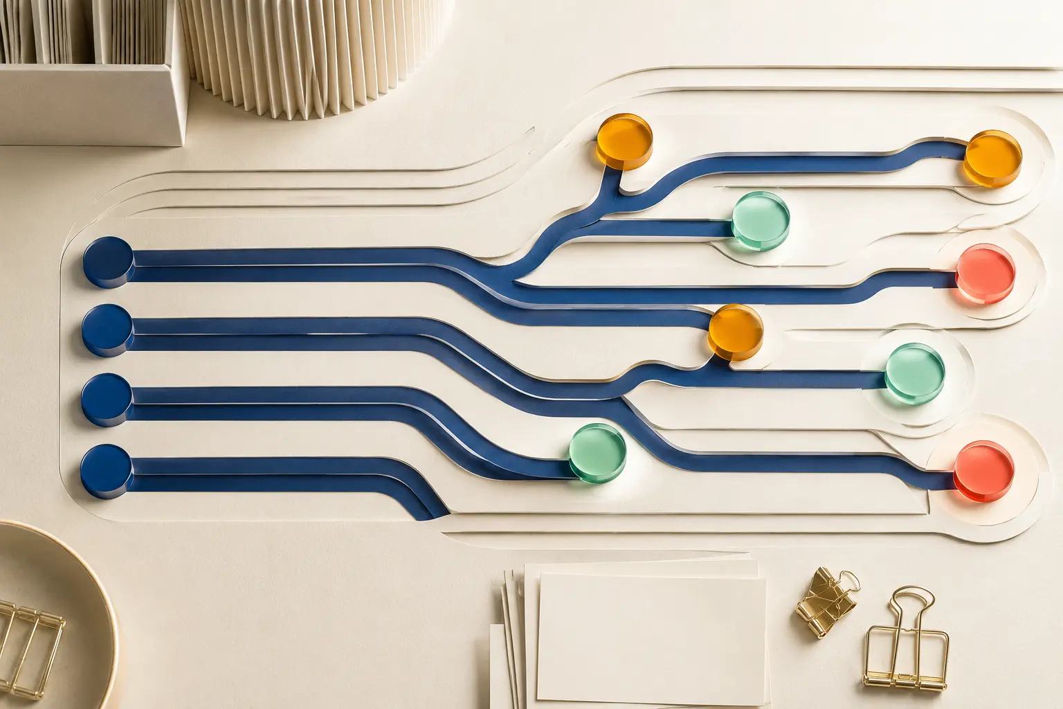 Layered paper rails branching toward colorful glass destination markers on an ivory institutional workspace