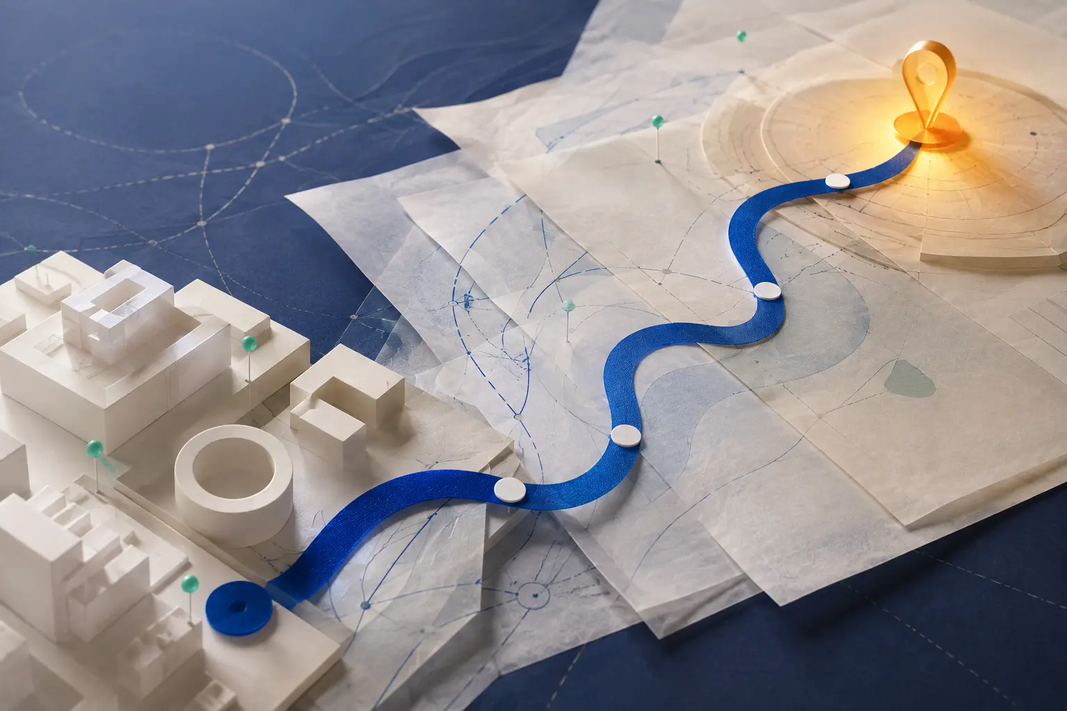 A tactile cobalt route crossing paper maps from ivory campus blocks to a glowing amber destination marker
